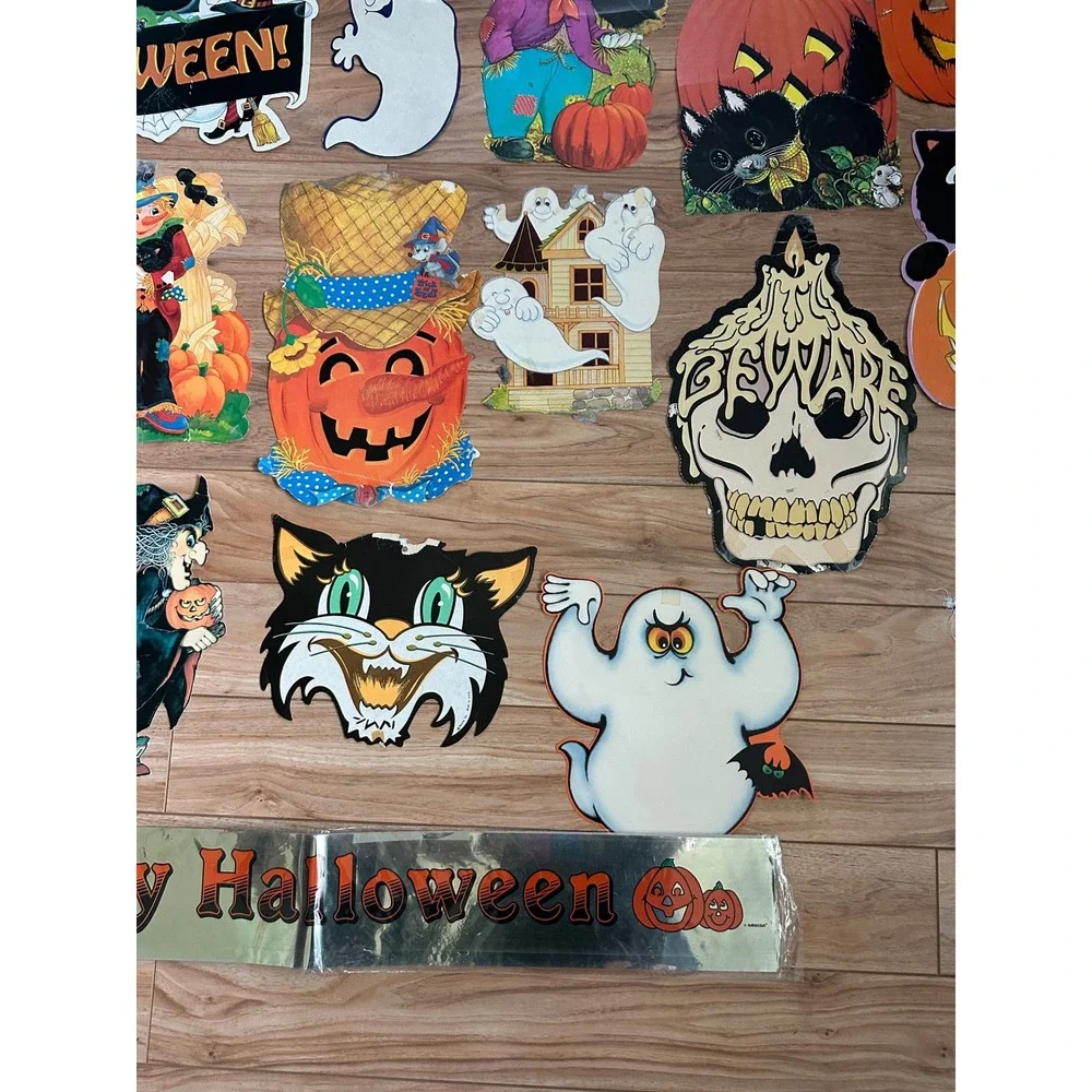 Vintage 30 Halloween Die Cut Paper Decorations Lot Witches Ghosts Cats Pumpkins
